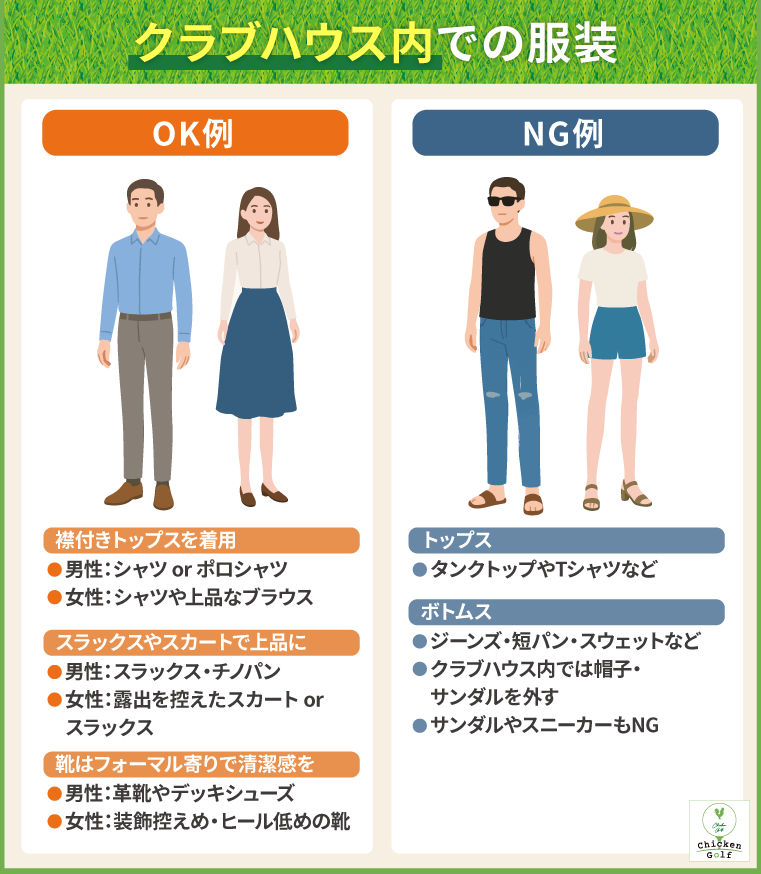 クラブハウス内での服装│帽子やサングラスは外すのがマナー